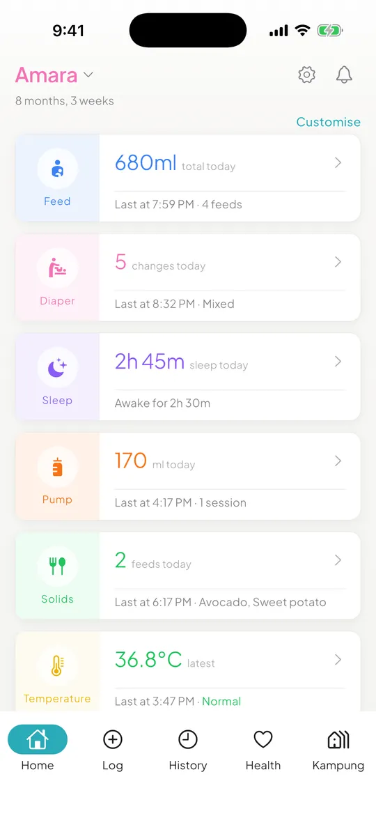 The BabyCalm dashboard showing today's feeds, sleep and diaper changes for baby Amara